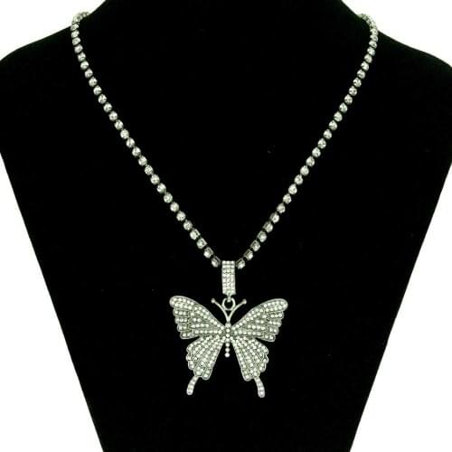 Hip Hop Rose Full Rhinestone Butterfly Pendant Necklace For men and women Jewelry With Tennis Chain