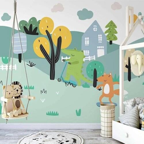 Custom Photo Wallpaper Nordic Ins Hand Painted 3D Cartoon Hillside Animal Childrens Room Background Wall Painting 3D Home Decor
