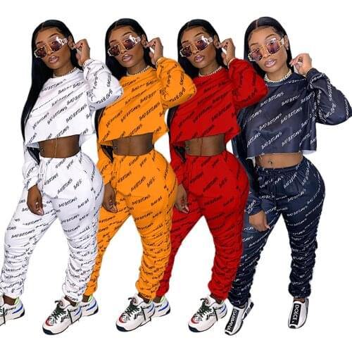 Casual Letter Print Long Sleeve Loose Crop Top and High Waist Stacked Jogger Sweatpant Fashion Hot Hoodie Women Two Piece Outift