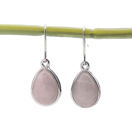 Bohemian Retro Inlaid Drop Shaped Pink Natural Stone Earrings Korean Fashion Platinum Plating Pendant Ear Hook Jewelry for Women