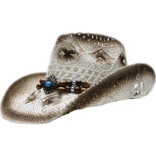 Unisex Women Men Retro Vintage Turquoise Band Bohemia Style Wide Brim Cowboy Cowgirl Western Summer Raffia Straw Sun Hat(58cm)