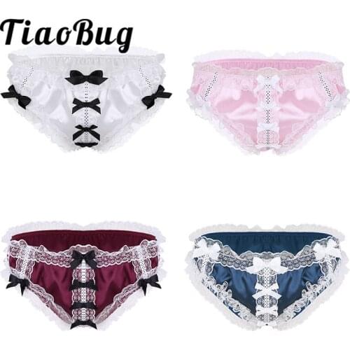 TiaoBug Mens Sissy Soft Shiny Ruffled Floral Lace Satin Briefs Lingerie Low Rise Stretchy Bowknot Bikini Underwear