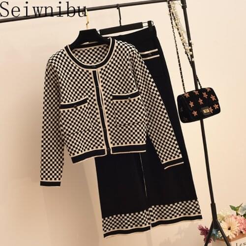 Knitted Sweaters Korean Houndstooth 2 Piece Set Women Single-breasted Cardigan Tops + Wide Leg Pants Two Piece Set Knit Suit