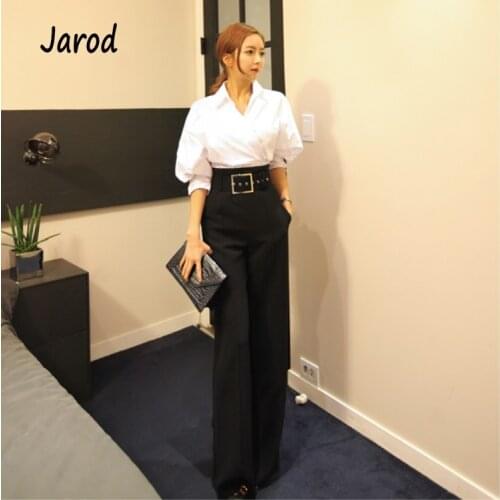 2020 Spring Women Two Piece Set White Irregular Work Shirt Tops+High Waist Long Pant Female Wear Office Lady Business Suits
