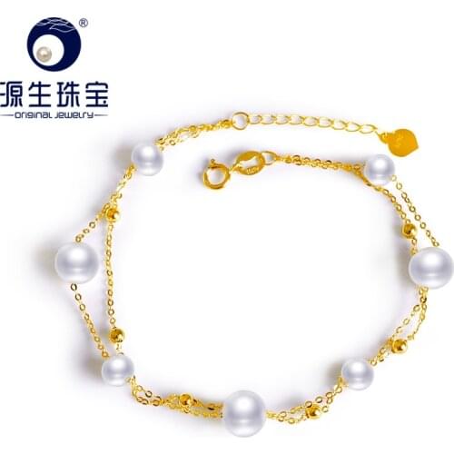 YS 4-5 6-7mm Natural Cultured Freshwater Pears Real 18K Yellow Gold Charm Bracelet Au750 Bangles for Women