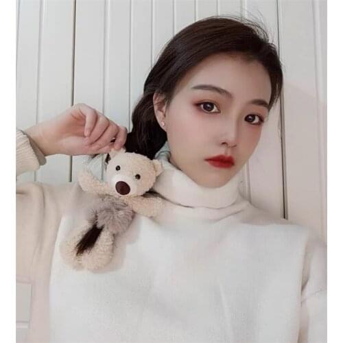 Cute Bear Sweet Head Rope Woman Simple Temperament Tie Hair Leather Net Red Horsetail Leather Cover Ins Plush Hair Ring