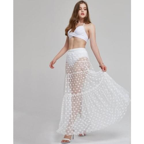 Womens Sexy See-through High Waist Polka Dot Mesh Skirt Femme Full Length Chiffon Tulle Beach Long Maxi Skirt Summer