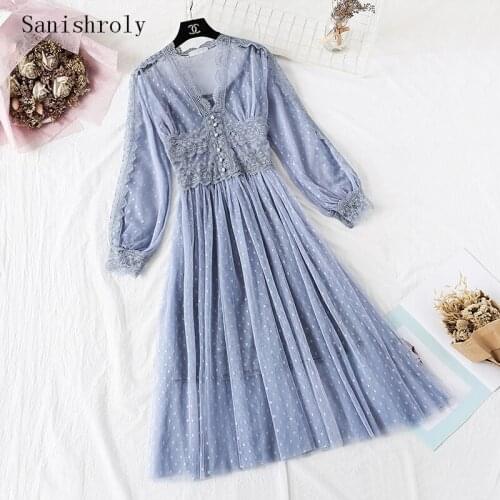 Two Pieces Women Long Lace Dress Spring Autumn Long Sleeve V-Neck Beading Mesh Dress Female Dot Pleated Dresses Vestidos
