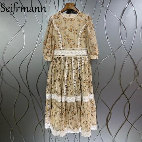 Seifrmann New 2021 Summer Women Fashion Runway Party Midi Dress Lantern Sleeve Gorgeous Lace Floral Print Elegant Ladies Dresses