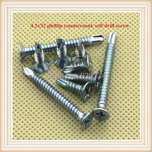100pcs Phillip countersunk 4.2*32 carbon steel white zinc coated self drilling screw