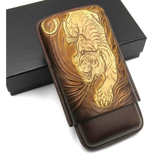 Cohiba Brown Travel Genuine Leather Embossed Tiger 3 Tube Portable Cigar Case Humidor Holder With Gift Box