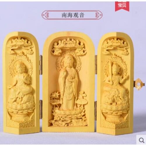 Lobule poplar wood carving western three holy Buddha furnishings solid wood portable buddhist niches Three open box crafts