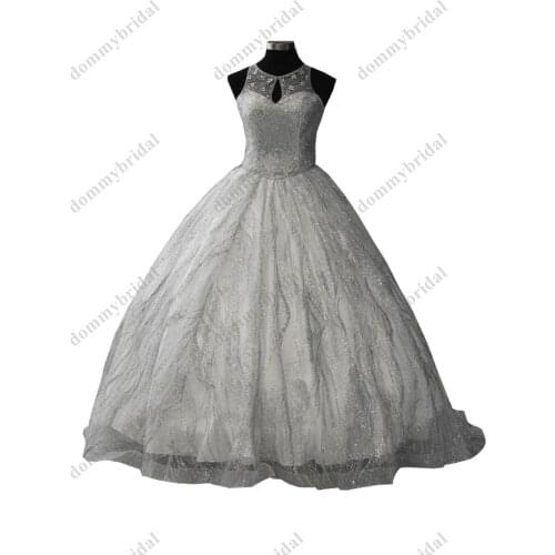 Glitz Sliver Crystal Sheer Neck ball Gown Quinceanera Formal Dresses Puffy Keyhole Crystal Rhinestones Prom Graduation Dress