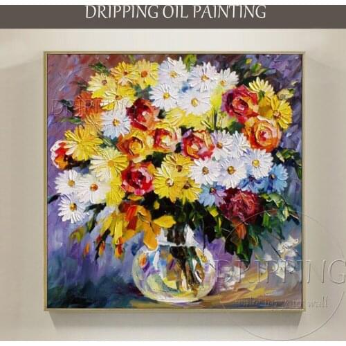 Artist Hand-painted Beautiful Vase Flower Oil Painting on Canvas Knife Painting Flower Picture Hand-painted Flower Painting Oil