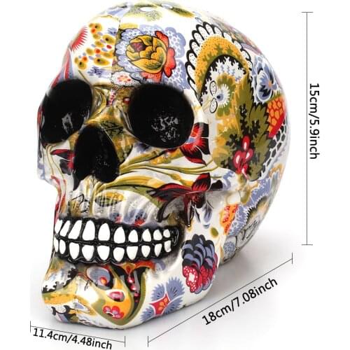 CREATIVE COLORFUL PATTERN SKULL ORNAMENTS RESIN HALLOWEEN HORROR MODERN SKULL STATUE PERSONALITY HOME DECORATION TABLE GRADE