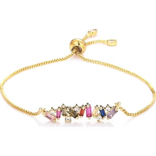 Fashion womens rainbow rectangle jewelry gold cz colorful zircon bracelet bangle adjustable chain bracelet for women