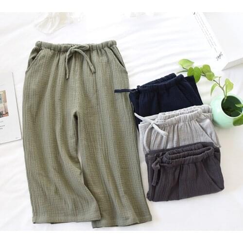 Mens Pajama Trousers Summer Cropped Pants Cotton Crepe Solid Color Plus Size Pajama Pants Mens See Through Sleepwear
