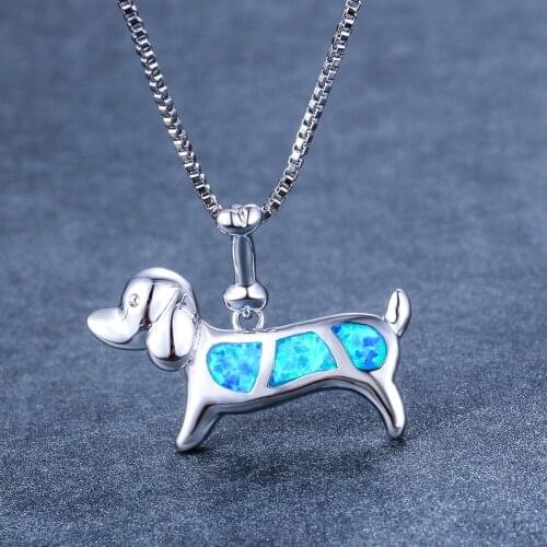 New Cute Small Dog Shaped Pendant Necklace Silver Color Blue Fire Opal Clavicle Necklace for Women