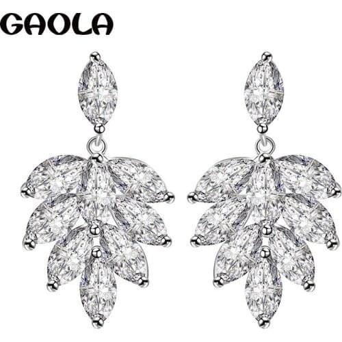 New Design Trendy Leaf Shape AAA Cubic Zirconia Earring White Gold Color Crystal Drop Earrings Luxury Jewelry for Woman GLE5139