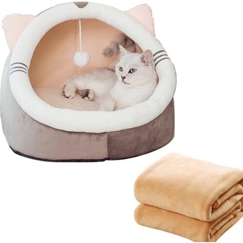 Pet Cave With Hanging Ball Toy Detachable Cat House Washable Kennel Warm Kitten Sleeping Bed Puppy Supplies Dog Accessories