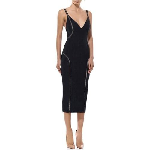 Silver Stripe Black Summer Backless Hot Sexy V Neck Sleeveless Cold Shoulder Bandage Sheath Party Dress