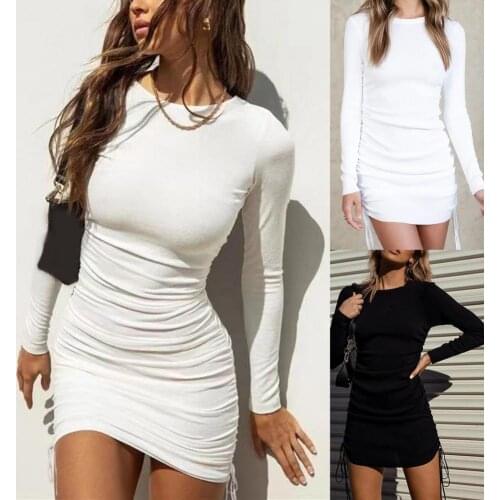 Dress Full Sleeve Fold Ruched Drawstring Slim Casual Elastic Women Dress for Casual Daily Wear