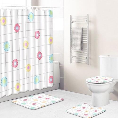 Plaid Bathroom Rug Set Bath Mat Set with Polyester Waterproof Shower Curtain Non Slip Shower Mat Toilet Floor Mat Bath Rugs