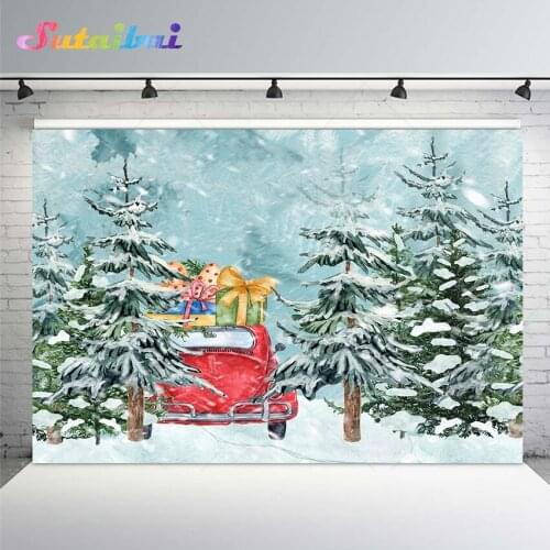 Christmas 2021 Photography Background Forest Snow Winter Wonderland Red Vintage Car Gifts Children Portrait Backdrop PhotoStudio