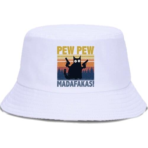 Pew Pew Madafakas Black Cat Panama Cap Sunscreen Fashion Unisex Fisherman Hat Funny Print Outdoor Bucket Caps Street Beach Hats