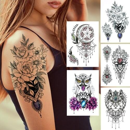 Flower Diamond Temporary Tattoos For Women Men Adults Fake Jewelry Dream Catcher Tattoo Sticker Black Owl Wolf Star Tatoos Paper