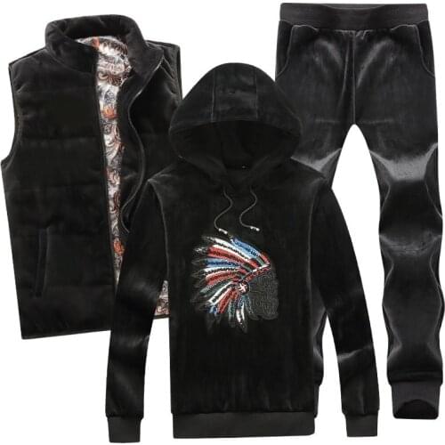 High Quality Mens Winter Velvet 3pcs Set Fashion Embroidery Vest Jacket Tracksuit Hoody Thick Warm Casual Suit Matching Sets 4XL