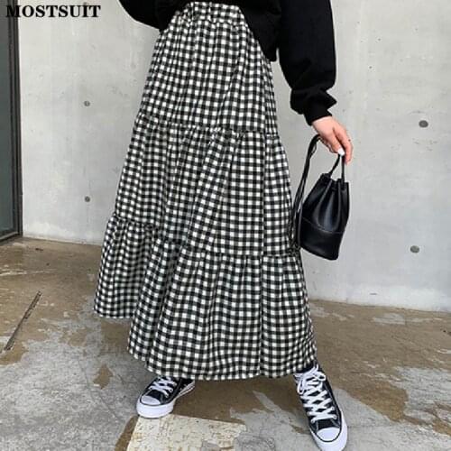 High Waist Plaid Long Skirt For Women Elastic Waist A-line Tiered Midi Skirt Casual Vintage All Match Female Skirt 2021
