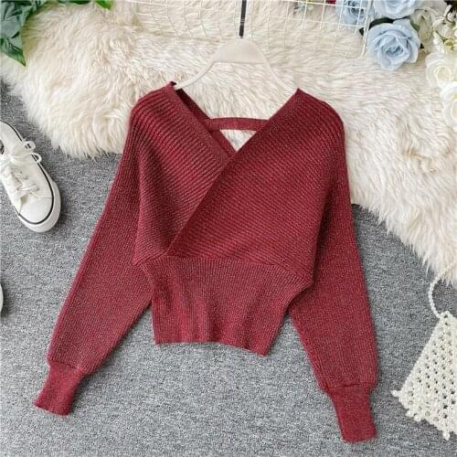 2021 Autumn All-Match Bottoming Knitwear Backless V-Neck Elasticity Tunic Pullover Top Women Batwing Long Sleeve Knitted Sweater
