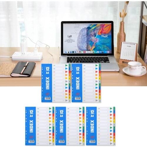 5 Sets A4 Size Plastic Binder Index Dividers whih 12 Tabs for Home School Office Library Workplace Business Supplies
