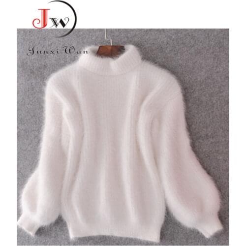 White Mohair Thicken Turtleneck Sweater Autumn Winter Sweet Fashion Lantern Sleeve Casual Solid Color Pullover pull femme