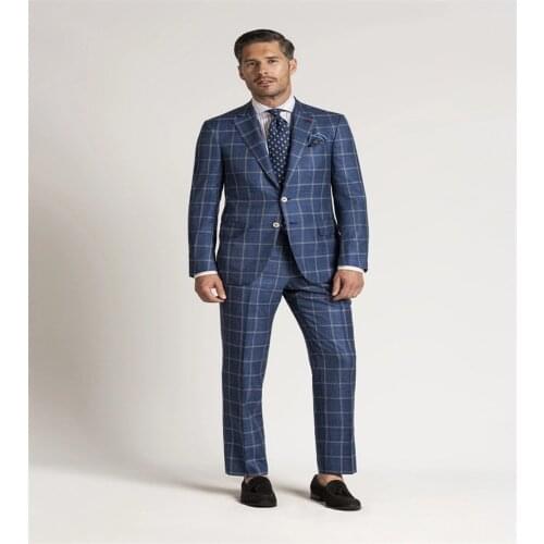 Summer Navy Blue Business Men Blazer 2 Piece Beach Groom Tuxedos For Wedding Formal Prom Suit (Jacket+Pants) Chic Plaid