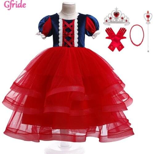 Girls Snow Queen Long Costumes For Child Puff Sleeve Cake Tulle Dress Kids Cosplay Christmas New Year Clothing Vestidos 2-10 Yr