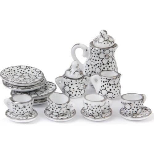 Porcelain Doll tea set Eating Utensils 15pzs Daisy Pattern white, black for doll house Children Classic Pretend Play Toys