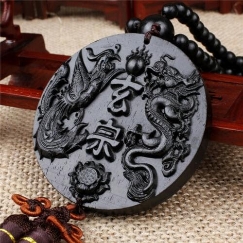 Black Wood Carving Chinese Fengshui Dragon Phoenix Sculpture Beads Car Pendant