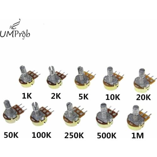 10Pcs WH148 Linear Potentiometer B1K B2K B5K B10K B20K B50K B100K B250K B500K B1M 15mm Shaft With Nuts Washers 3pin WH148