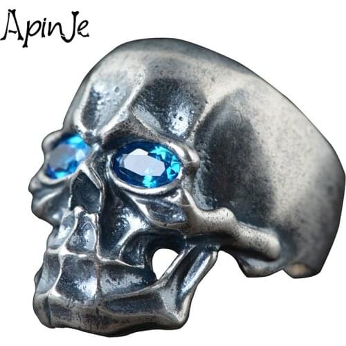 Apinje Thai Silver S925 Sterling Silver Skull Ring for Men Synthetic Zircon Punk Jewelry