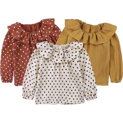 New Children Spring Baby Girls Clothes Long Sleeve Dot Print t Shirt Cotton And Linen Cute Ruffled Collar Kids Tee Tops