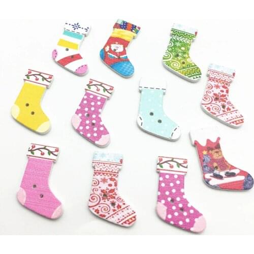 100pcs 20x30mm Christmas Buttons Wood Stocking Socks Shape 2-Hole Button Embellishments For Scrapbooking