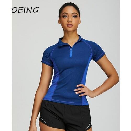 Short Sleeve Yoga Jogging Shirts Workout Gym Sport Top Fitness Women Patchwork Zip Up Activewear Tops