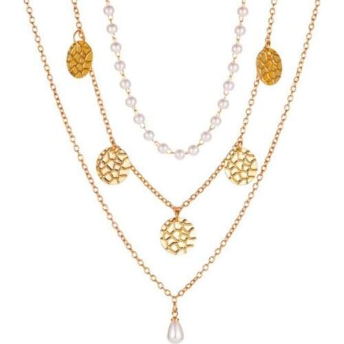 Geometric Cracked Disc Round Coin Pendant Necklace for Women Female Retro Multilayer Simulated Pearl Gold Clavicle Chain Jewelry