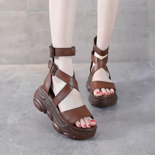 Summer First Layer Cowhide Buckle Leather Thick Bottom High-top Back Zipper Fish Mouth Sandals Casual Cross Sandals Women