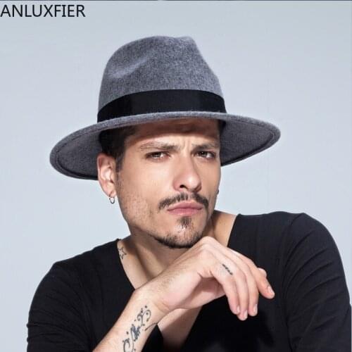 B-1509 Male Wool Felt British Panama Jazz Hat 100% Wool Fedora Felt Hat Black Panama Hat Wide Brim Classic Trilby Hat