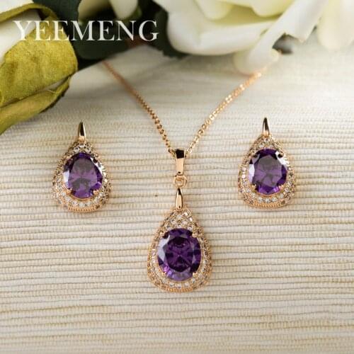 YEEMENG Purple Zircon Earrings Necklaces Sets Gold Color Jewelry Sets for Women Water Drop Design Wedding Jewelry Sets