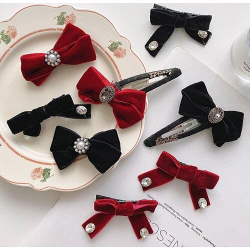 New Women Girls Elegant Retro Velve Pearl Diamond Ornament Hair Clips Lady Sweet Bow Hairpins Female Fashion Hair Accessories