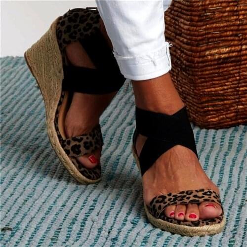 Women Summer Wedges Sandals Leopard Cross Tie Snakeskin Ladies Open Toe Zipper Female Beach Shoes Soft Hemp Bottom Plus Size New